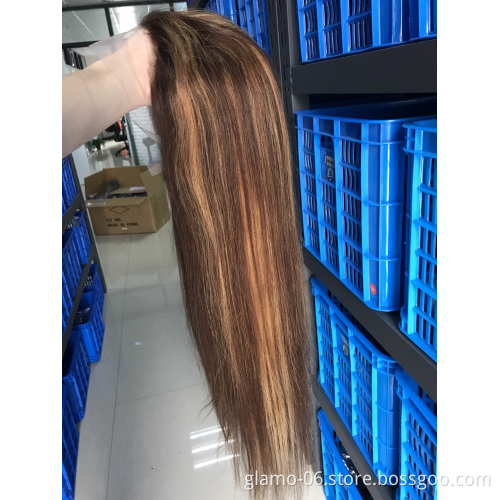 Highlight 4/27 Color Human Hair Lace Front Wigs Brown Ombre Remy Hair Pre-plucked Swiss Lace Wigs